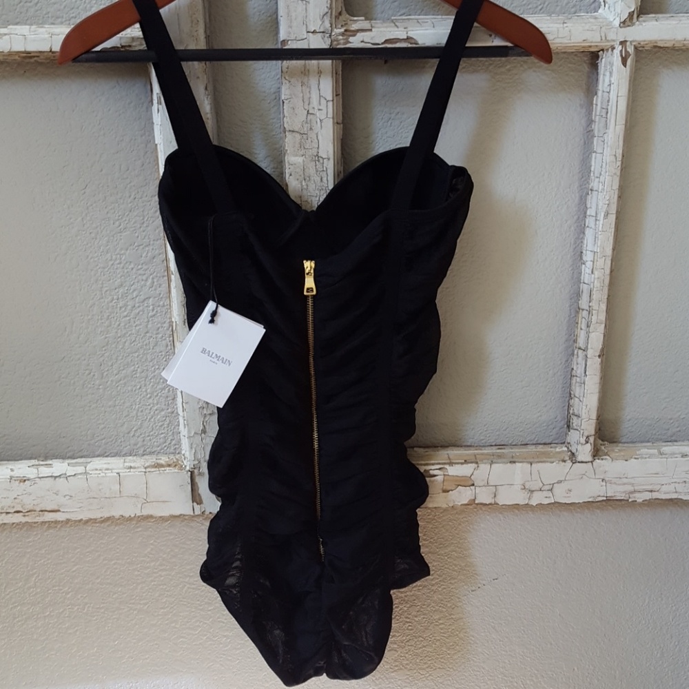 Gorgeous Black Balmain Ruched Mesh Sheer Side Bodysuit NWT